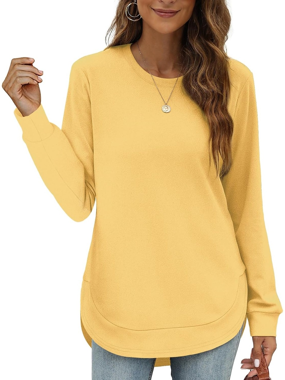Women's Yellow Sweatshirt Curved Hem Crew Neck Long Sleeve Shirts High Low Tops